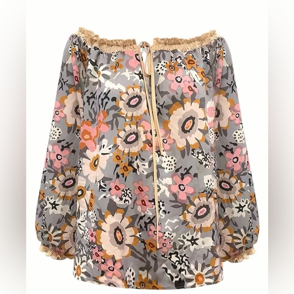 BOHO CHIC OFF SHOULDERS FLORAL PRINT ADJ DRAWSTRING LANTERN SLEEVE BLOUSE - Picture 3 of 5